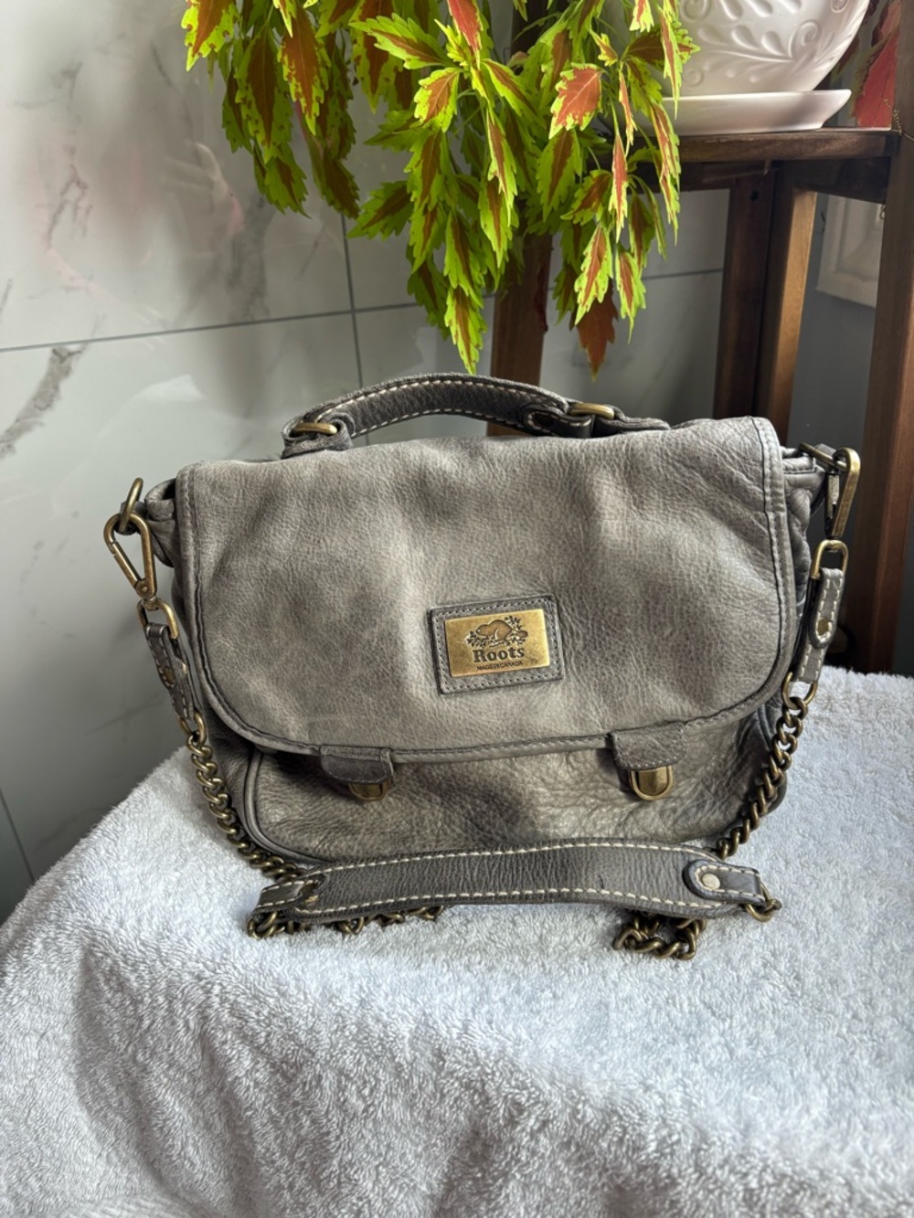 Roots Canada Leather Satchel Crossbody Messenger Bag - Prince Leather Gray/Slate
